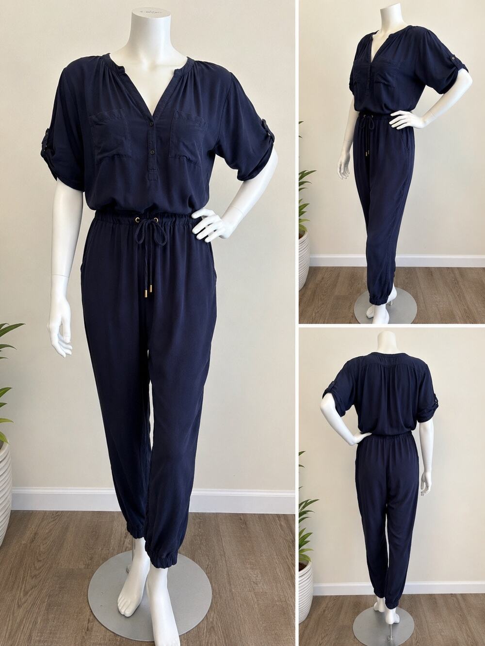 H&M Jumpsuit 2 Dark Blue Light Weight Short Sleeves V Neck Draw Sting Tapered